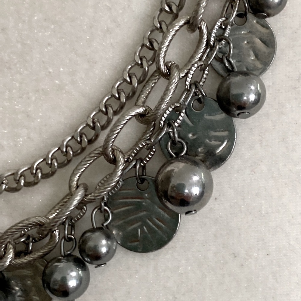 Silver Rocker Rebel Edgy Layered Bead Discs Coins Textured Chain Necklace - Picture 13 of 15